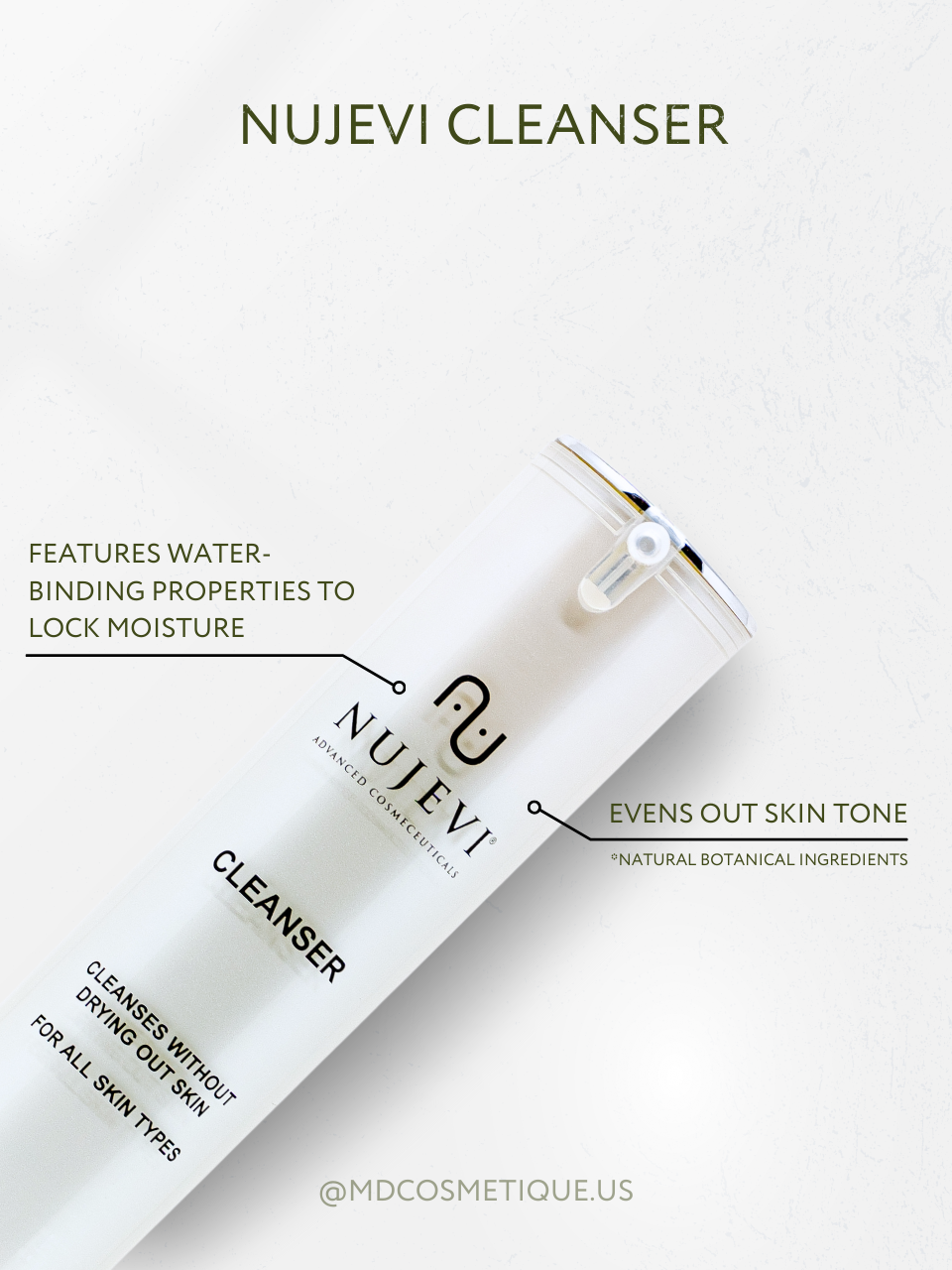 Bottle of face cleanser tube showing product properties: "Lock Moisture", Evens Out Skin Tone".
