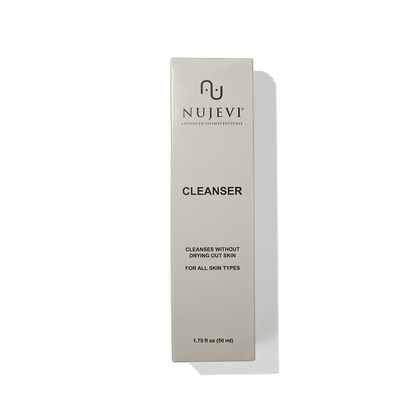 Packaging of Cleanser tube reading "Cleanses without drying out skin. For all skin types" and 50 ml size.