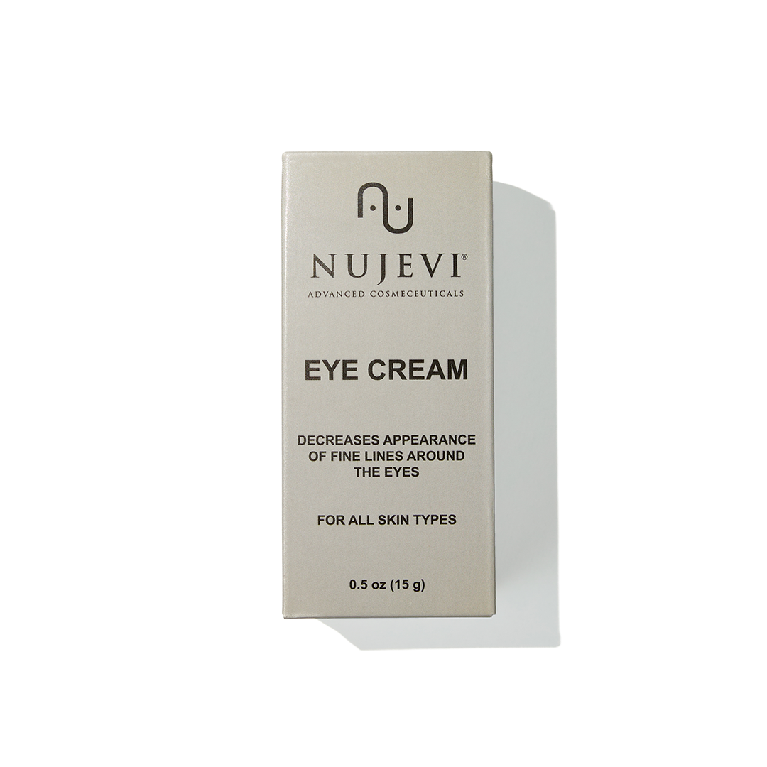 Eye cream packaging reading "Eye Cream. Decreases appearance of fine lines around the eyes. For all skin types"